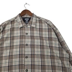 AZUR Mens Plaid Shirt 2XL Tan Navy Textured Cotton Long Sleeve Button Up Big